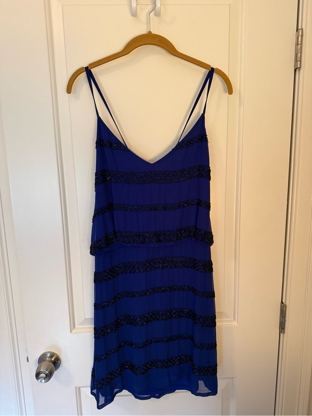Yumi Kim Royal Blue Beaded Stripe Spaghetti Strap Mini Dress